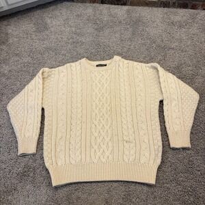 Woolovers Pure Wool Aran Knit Fisherman Jumper Men's Medium Cream / Ivory Cable